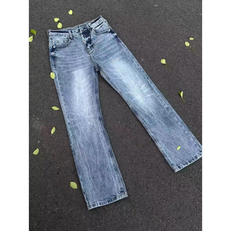 2025新款「Pansk」闪电波纹冰蓝牛仔重工水洗纹竹节直筒微喇