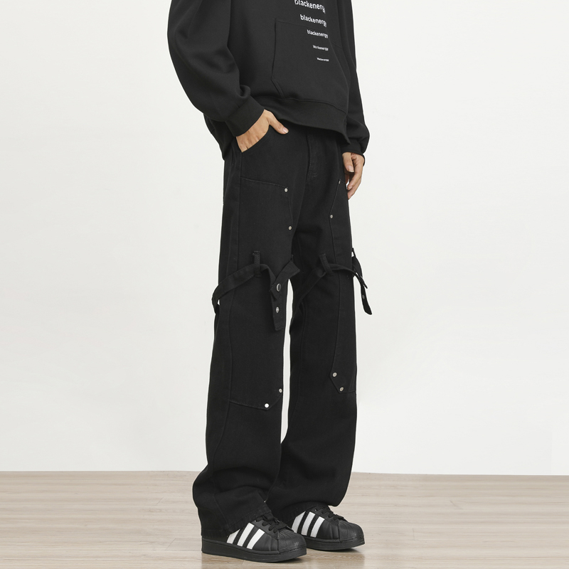 2025新款美式hiphop裤子高街vibe交叉绑带牛仔裤修身直筒微喇叭裤