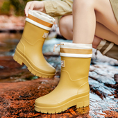 雨鞋 露营防水加绒雨靴中筒厨房胶鞋 防滑水鞋 内增高女款 户外鞋 水靴