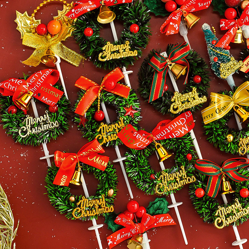 圣诞节蛋糕装饰配件草圈花环树老人三叶草小鹿星星雪人配件雪花插