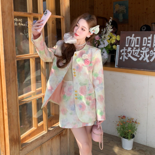 女装 W51TZ029 钱丹丹 半裙套装 外套 新款 2025春季 晕染印花西装