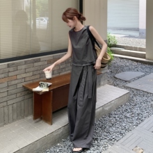 灰色气质马甲背心上衣套装裤女夏又酷又飒气质工装风阔腿裤两件套