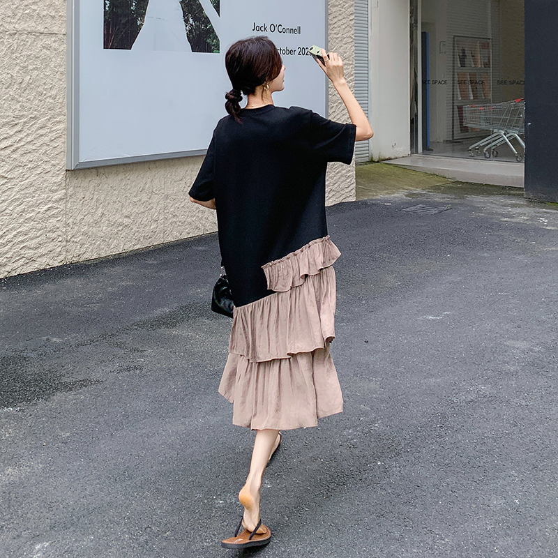 不规则设计感连衣裙2025新款女夏季韩版休闲宽松慵懒风拼接T恤裙