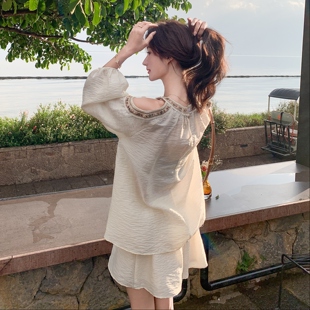 温柔甜美 波西米亚防晒长袖 露肩天丝上衣阔腿裤 套装 两件套女夏法式