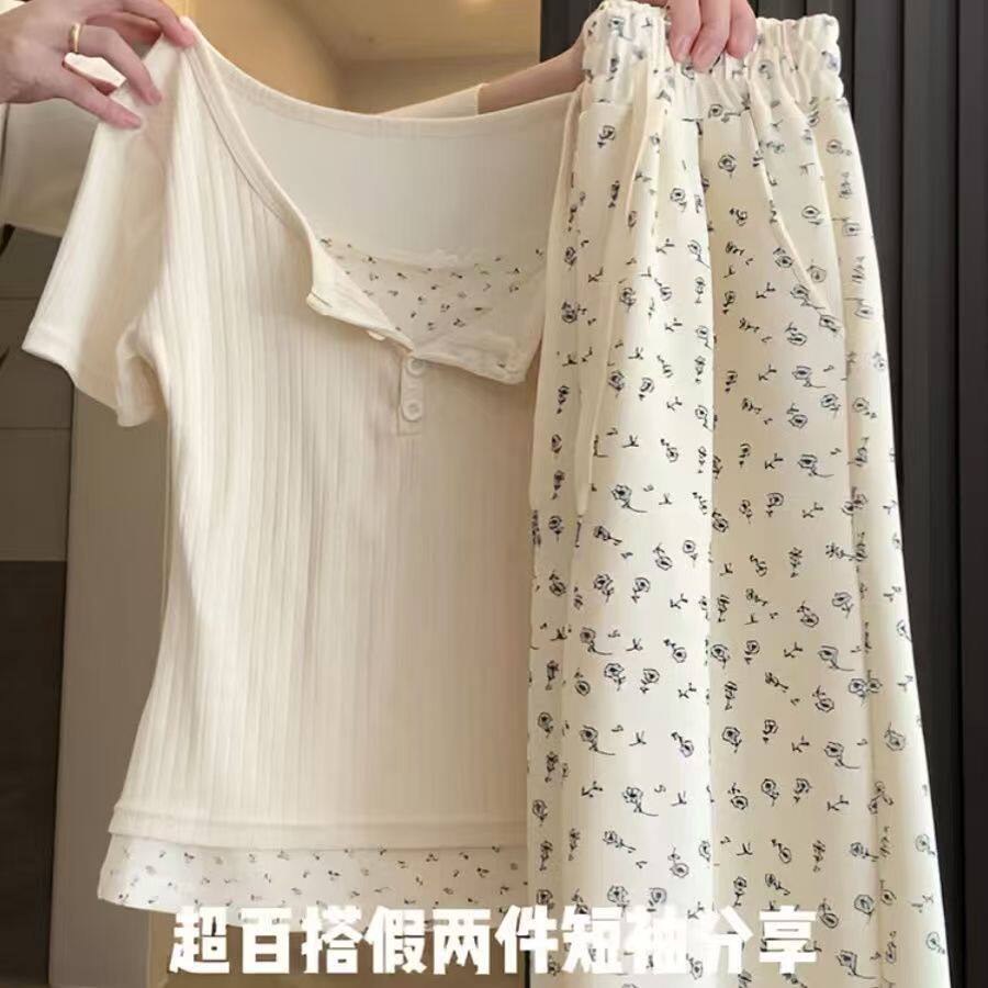 2026纯欲bm风t恤修身显瘦慵懒碎花两件套女夏季短袖长裤休闲套装