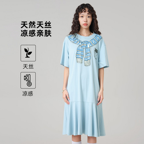 MOVEUP幻走2026夏季新款.FUN系列圆领围巾印花口袋休闲针织连衣裙