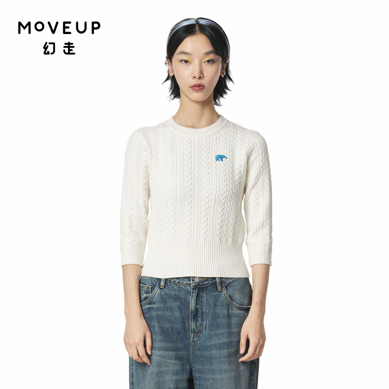 【商场同款】MOVEUP幻走2023秋季新款 圆领绣花设计师短款毛衣女