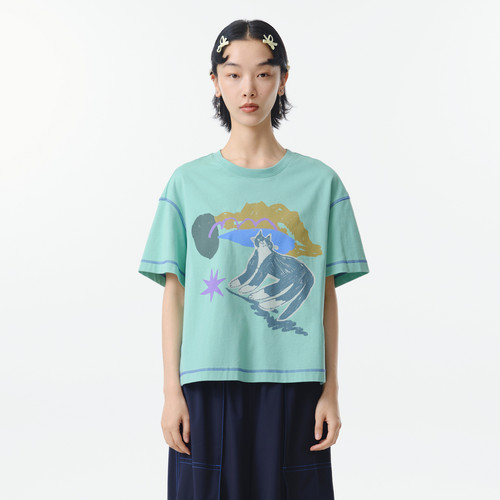 MOVEUP幻走2025春季新款.FUN系列圆领哈苏线纯棉设计短款T恤女
