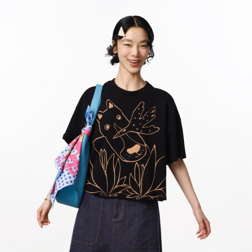 MOVEUP幻走2025秋季新款.FUN系列圆领手绘感线条印花短款T恤女