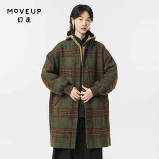 MOVEUP幻走2023冬季新款棒球领绣花加厚格子大衣长款毛呢外套女