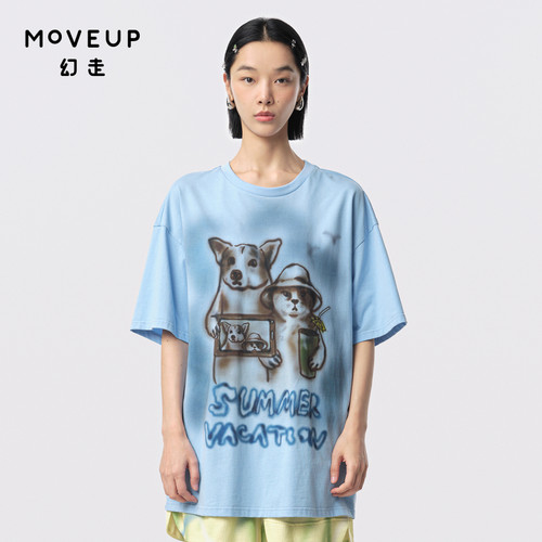MOVEUP幻走2024夏季新款.FUN系列猫狗印花设计师纯棉中长款T恤女