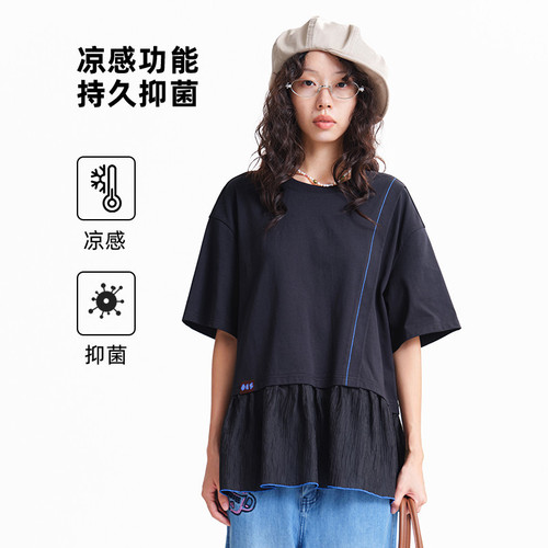 MOVEUP幻走2026春季新款.FUN系列圆领小花织唛撞色线短款T恤女