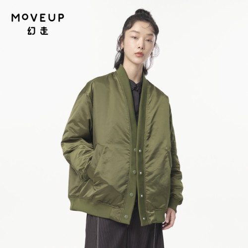 MOVEUP幻走2024秋季新款.FUN系列V领小狗绣花缎面中长款棉外套女