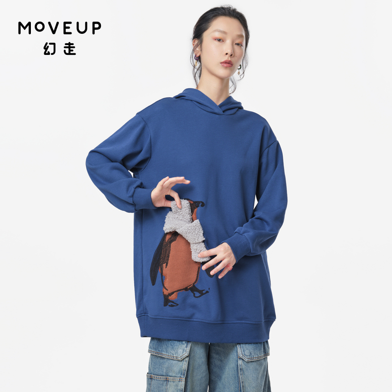 MOVEUP幻走2024秋季新款.FUN系列贴布绣花企鹅设计师中长款卫衣女