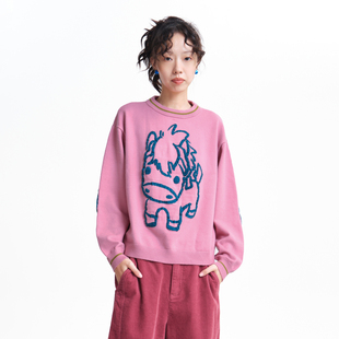 MOVEUP幻走2025冬季新款.FUN系列圆领小马提花罗纹短款针织衫女