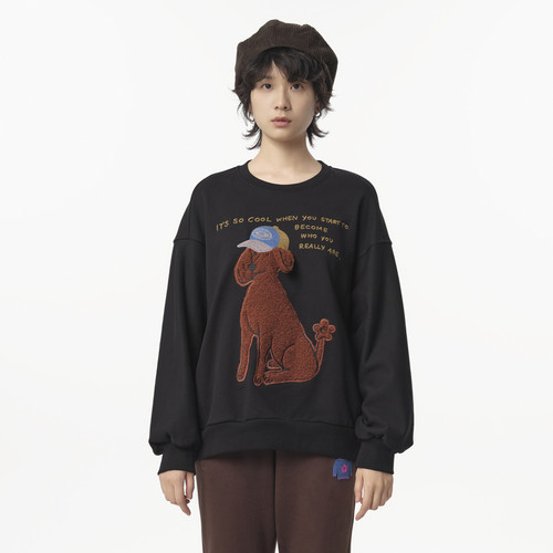 MOVEUP幻走2024冬季新款.FUN系列纯棉加绒狗狗绣花设计短款卫衣女