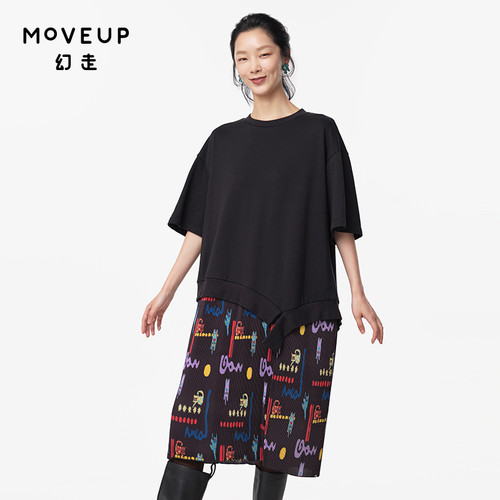 MOVEUP幻走2024秋季新款.FUN系列不对称雪纺印花设计师针织连衣裙