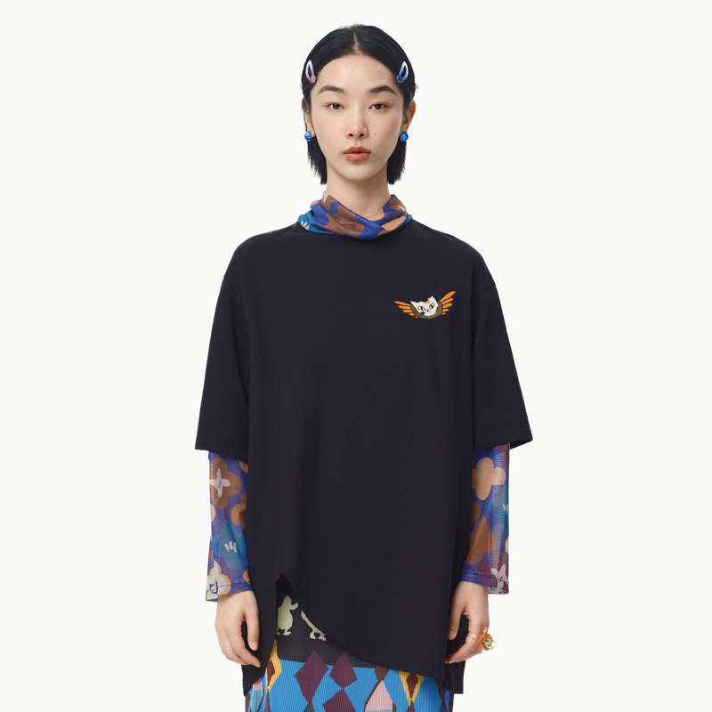 MOVEUP幻走2025春季新款.FUN系列假两件绣花分割设计中长款T恤女