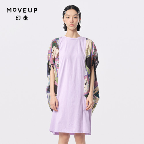 MOVEUP幻走2024夏季新款.FUN系列圆领趣味印花设计纯棉针织连衣裙
