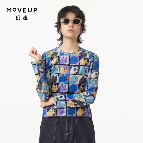 MOVEUP幻走2024冬季新款.FUN系列圆领趣味猫咪印花设计短款T恤女