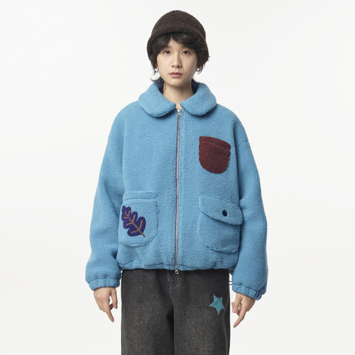 MOVEUP幻走2024冬季新款.FUN系列加厚撞色口袋绣花设计短款外套女