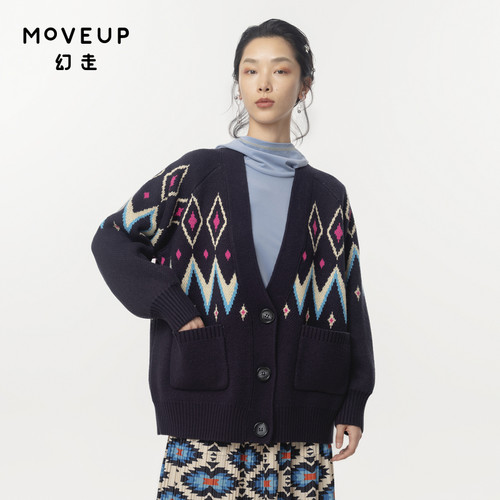 MOVEUP幻走2024秋季新款.FUN系列大V领提花设计师中长款外套女