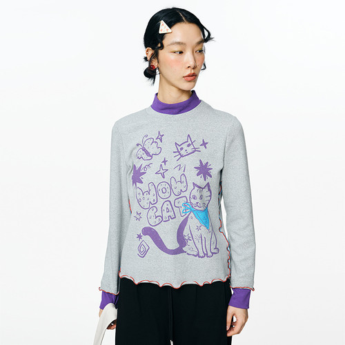 MOVEUP幻走2025秋季新款.FUN系列撞色拼接印花密边线短款T恤女