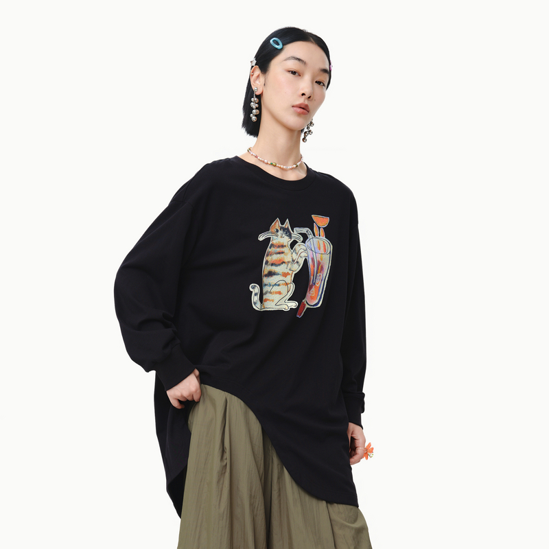 MOVEUP幻走2025春季新款.FUN系列纯棉不规则弧形设计中长款T恤女