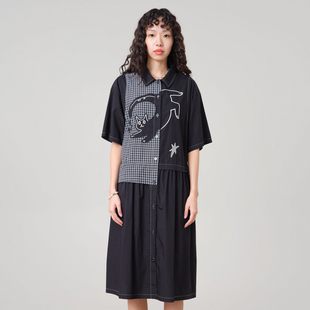 MOVEUP幻走2026夏季 .FUN系列纯棉翻领猫咪绣花口袋梭织连衣裙 新款