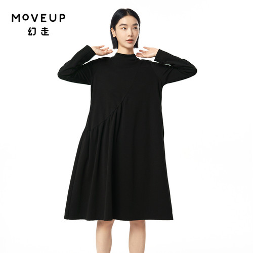 MOVEUP幻走2024冬季新款.FUN系列不对称抽褶半高领设计针织连衣裙