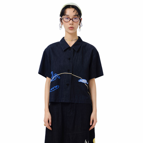 MOVEUP幻走2025夏季新款.FUN系列翻领趣味绣花纯棉短款衬衫女