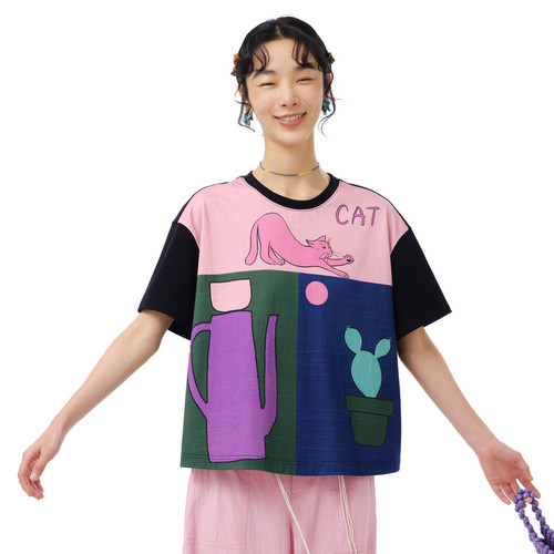 MOVEUP幻走2025夏季新款.FUN系列纯棉圆领趣味印花短款T恤女