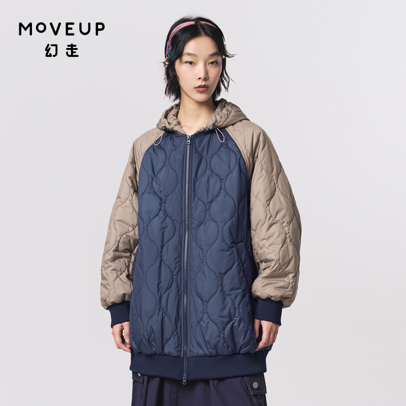 Moveup中长款设计师连帽棉外套