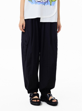 MOVEUP幻走2025夏季新款.FUN系列松紧腰多口袋黑色休闲直筒裤女