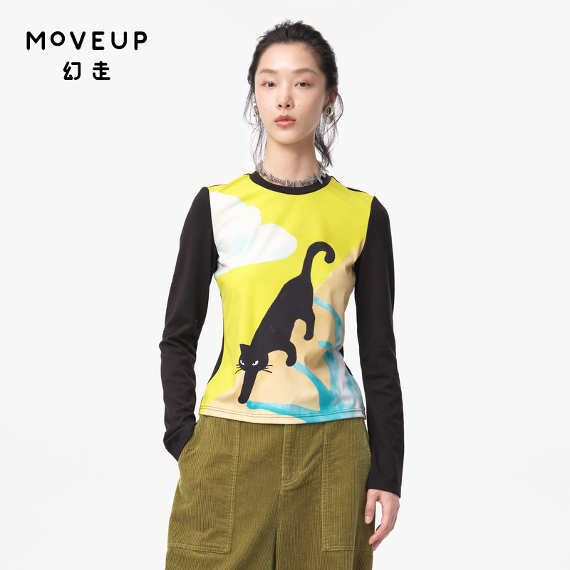 MOVEUP幻走2024秋季新款.FUN系列撞布猫咪印花设计师弹力短款T恤
