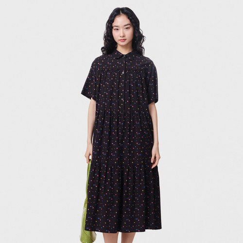 MOVEUP幻走2026夏季新款.FUN系列翻领彩点印花果实扣梭织连衣裙