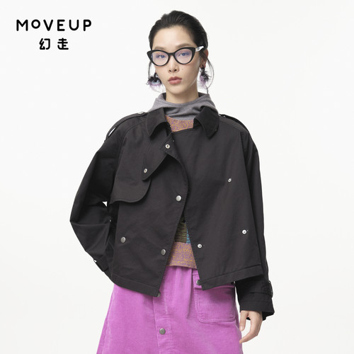 MOVEUP幻走2024秋季新款.FUN系列翻领口袋双排扣设计师短款外套女