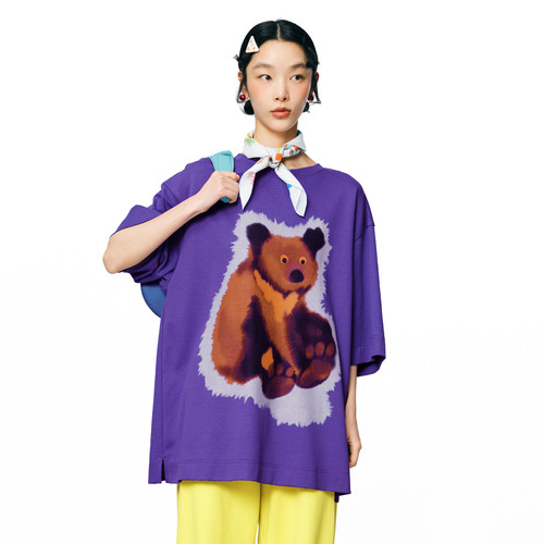 MOVEUP幻走2025秋季新款.FUN系列圆领趣味狗熊印花中长款T恤女