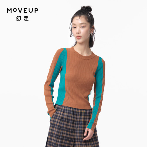 MOVEUP幻走2024秋季新款.FUN系列复古撞色拼接设计师短款毛衣女