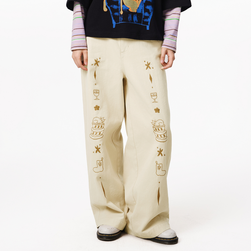 MOVEUP幻走2025秋季新款.FUN系列后腰松紧绣花复古风休闲直筒裤女