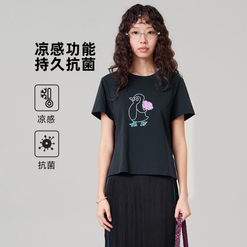 MOVEUP幻走2026夏季新款.FUN系列圆领趣味绣花休闲风短款T恤女