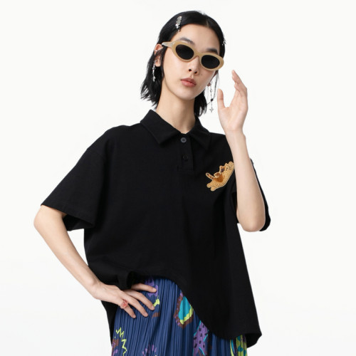 MOVEUP幻走2025夏季新款.FUN系列纯棉polo领绣花章仔短款T恤女