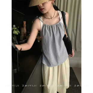 韩系氧气少女感百搭格子吊带 叠穿背心女 甜美减龄小清新宽松无袖
