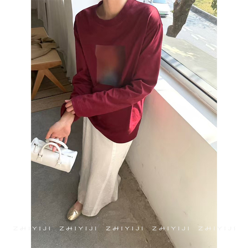 SOI SR25春慵懒风印花图案长袖T恤  女宽松中长套头上衣SA5A3223