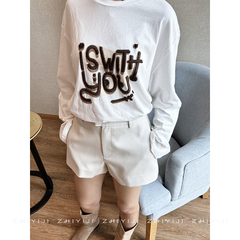 Ymqy秋薄款简约刺绣T恤女 字母宽松韩式慵懒风长袖罩衫OVERSIZE