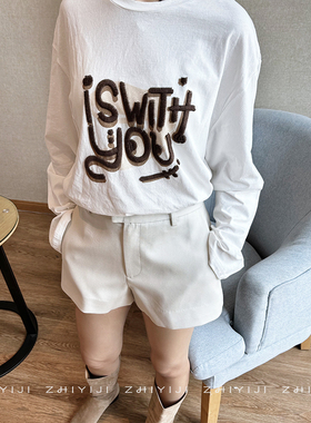 Ymqy秋薄款简约刺绣T恤女 字母宽松韩式慵懒风长袖罩衫OVERSIZE