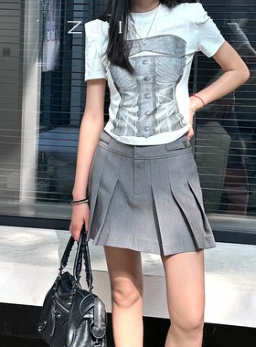 代码家早秋高腰洋气百褶半身裙 灰色格雷系百搭学院风短裙A字裙裤