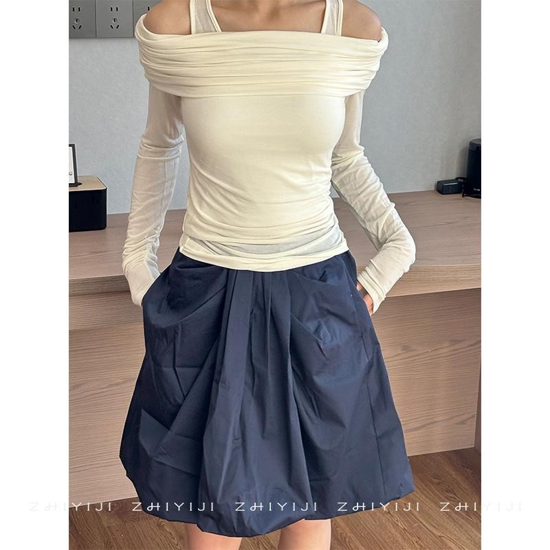 解构抽褶设计感A字半裙花苞裙