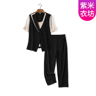 紫米衣坊西装套装女新款休闲时尚修身显瘦气质三件套短袖西服套裤