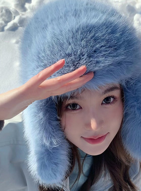 东北长毛绒雷锋帽女冬季加厚保暖护耳帽子雪乡仿皮草貂毛火车头帽